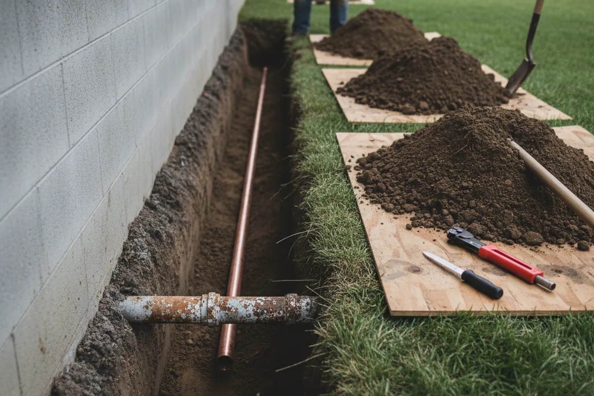 Excavated water line trench during Water Softener Installation in Altus